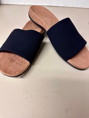 Vionic Black Slide Sandals with Brown Footbed